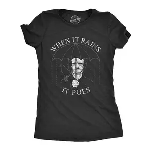 Womens When It Rains It Poes T Shirt Funny Edgar Allan Poe Poetry Graphic Novelty Tee Funny Womens T Shirts Cute Vintage Fashion Casual Ladies T-Shirt Gift Funny Nerd Top Women's Novelty Tees Black