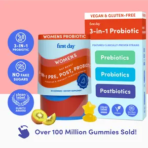 FIRST DAY Women’s 3-in-1 Probiotic Gummies - Prebiotic + Probiotic + Postbiotic - Gut, Digestion, Skin, Vaginal Health Supplement for Women - 30-Day Supply Healthcare Natural