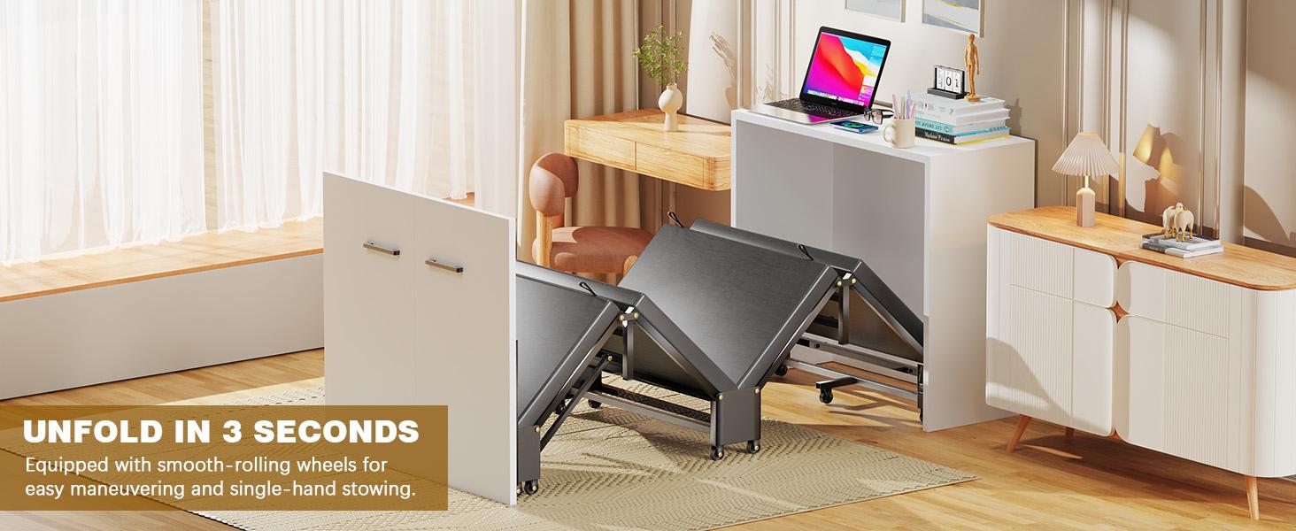 Narrow Twin Murphy Bed with Mattress Included Hideaway Cabinet Tri-Fold Walnut White Foldable Space-Saving Farmhouse Design Easy Assembly Silent Wheels