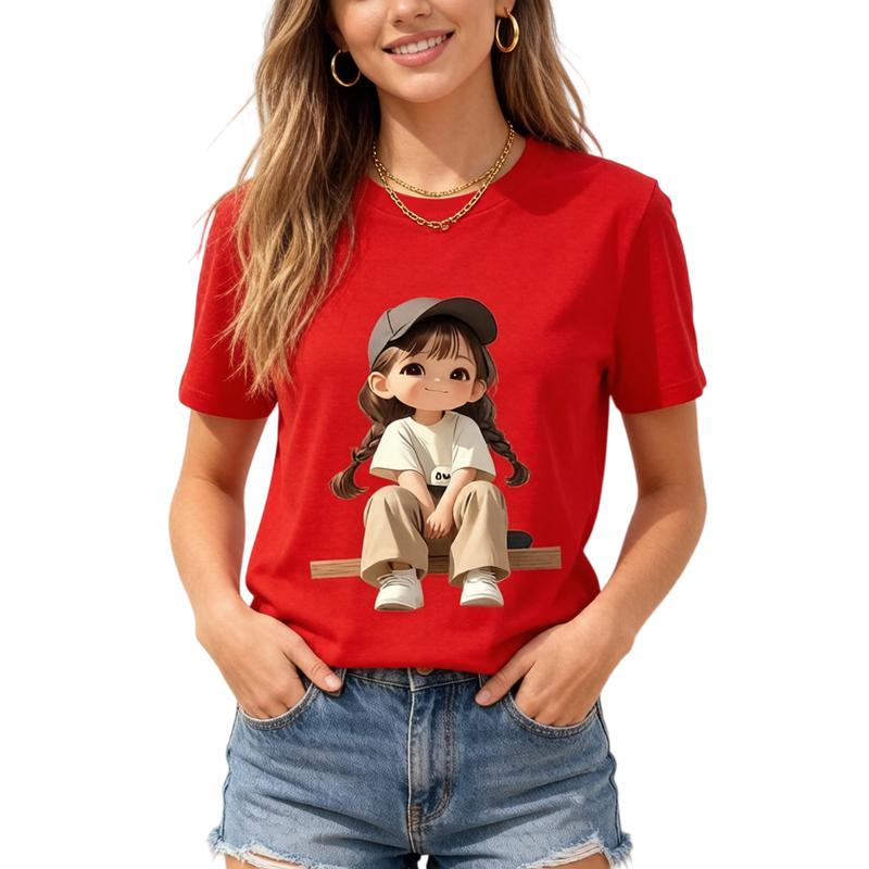 Women's Cropped Soft Cotton Graphic T-Shirt - Short-Sleeve Fitted Cut Lightweight Casual Top with Twin Braid Girl Heat Transfer Print, Plus Size Available, for Thanksgiving, Valentine's Day Deals
