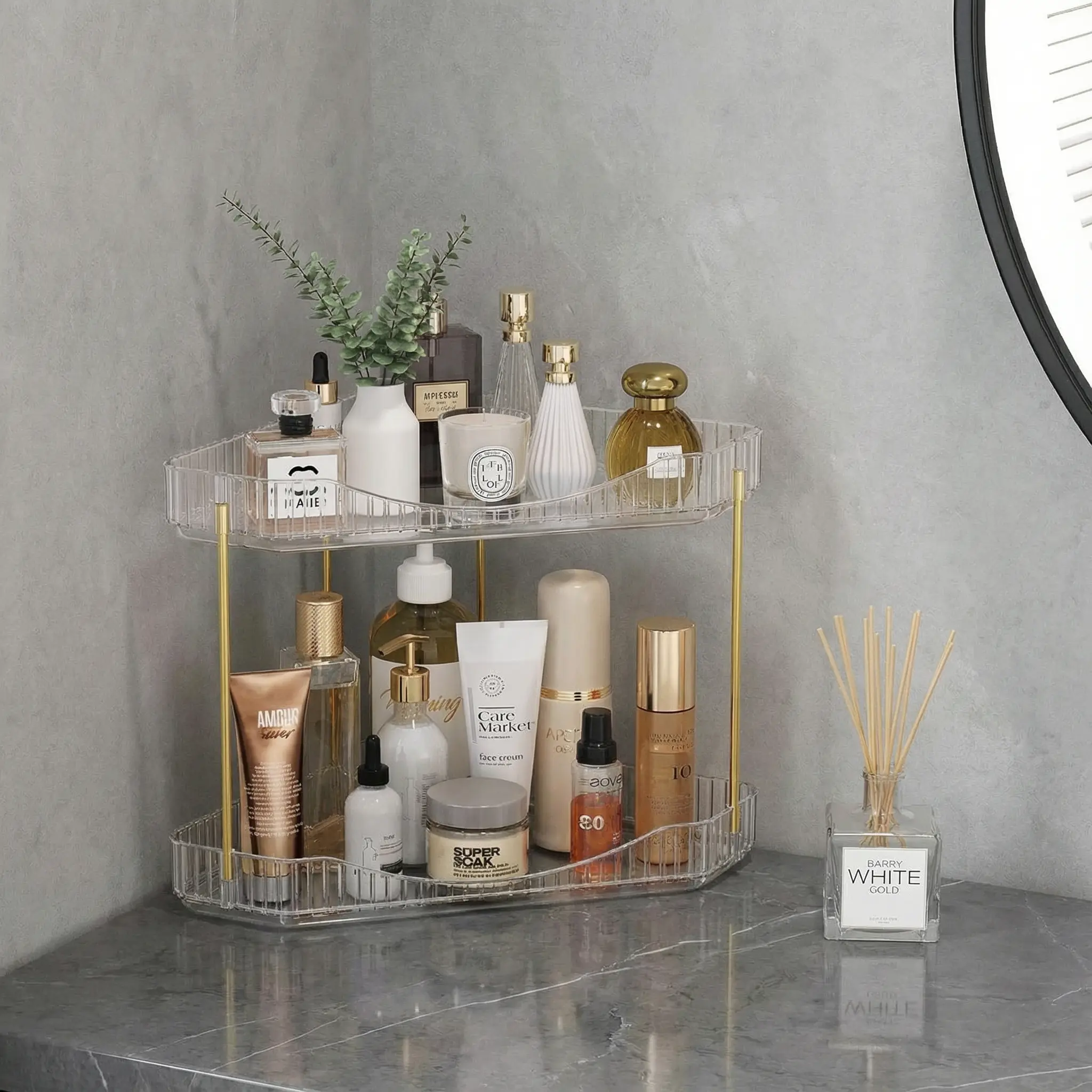 Live Only | Lifewit 2-Tier Bathroom Countertop Organizer - Large Capacity Makeup Corner Stand with Perfume Tray, Cosmetic Skincare Shelf, Home Accessory, House Decor, Cologne Stand Display, Vanity Accessories for Bedroom Dresser