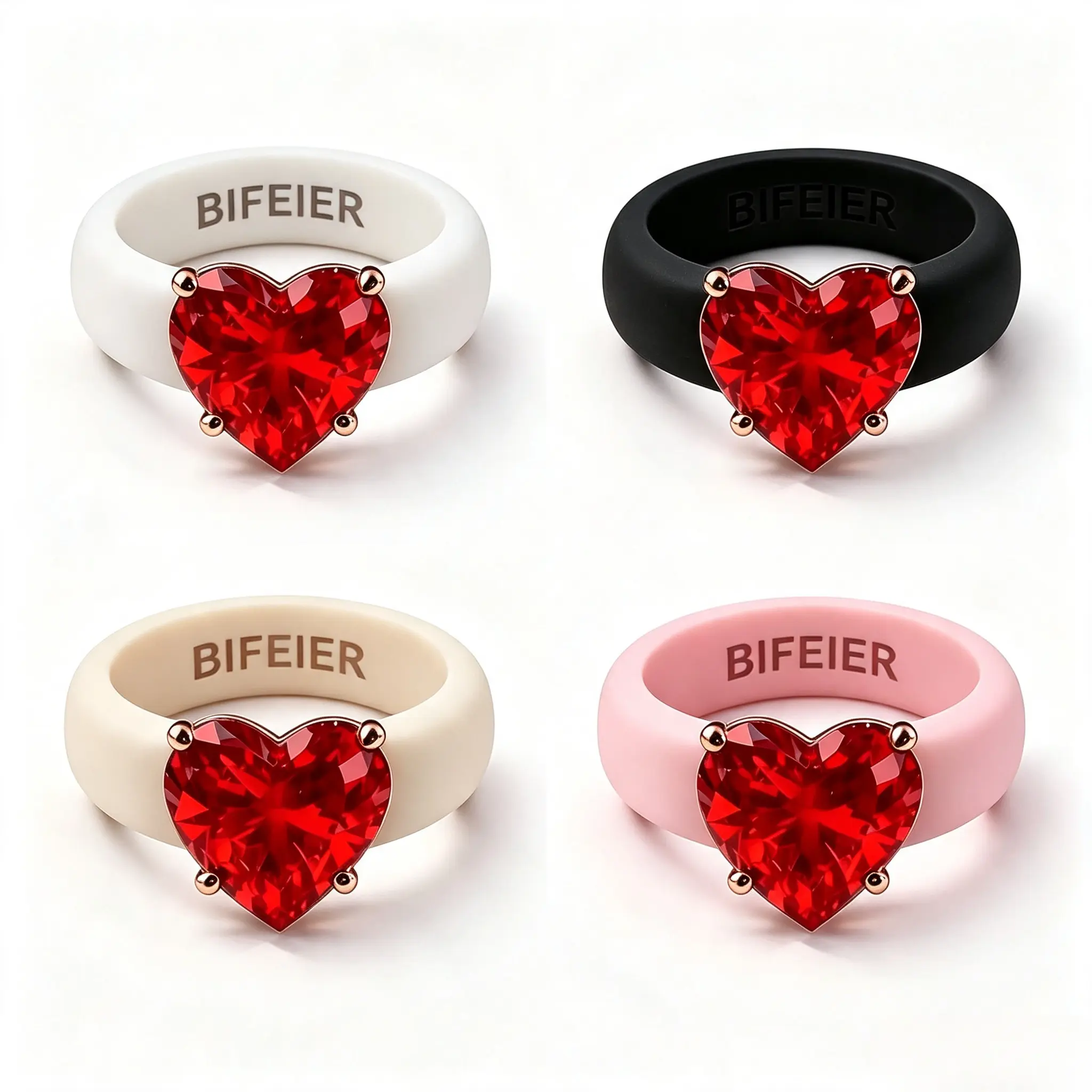 Women's Rose Gold 4-Prong Red Heart-Cut Cubic Zirconia Solitaire Ring, Soft Wide Silicone Band, Stackable Comfort Statement Promise Jewelry Gift (White, Black, Cream, Pink, Blue Options)