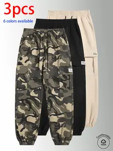 3-pack men’s long pants: men’s camouflage cargo jogger pants, loose slim fit multi-pocket casual pants with elastic drawstring design, available in multiple colors, suitable for everyday wear, holiday travel, and outdoor hiking.