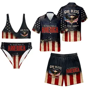4th of July Matching Couple Swimwear, God Bless America 250th Anniversary Patriotic Bikini & Trunks Set, Perfect Gift for Husband & Wife