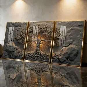 3Pcs Aluminum Alloy Framed Painting, Tree Of Life Embossed Art Picture, Home Decoration For Living Room, Bedroom, Office, Restaurant, Hallway Wall Decor Set, Odorless Print Artwork, Luxury Perfect Gift For Friends And Family