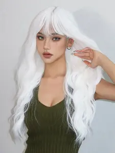 26inch Long Curly White Platinum Synthetic Wigs with Bangs for Women Cosplay Lolita Wavy Wig Natural Hair Heat Reisitant Daily Use Heat Resistant Wigs Fiber Wig