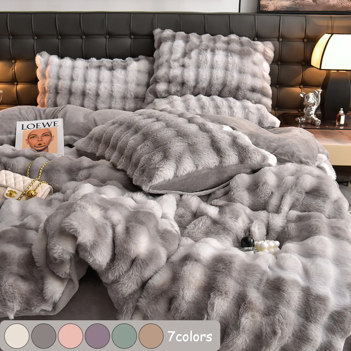 Faux Rabbit Fur Duvet Cover Set, Fuzzy Duvet Cover, Fluffy Duvet Cover, Luxury Ultra Soft Solid Color Bedding, Warm All Season 3 Piece Set with 1 Duvet Cover and 2 Pillowcases for Bedroom, Sofa, Dorm, Soft Bedding Sets