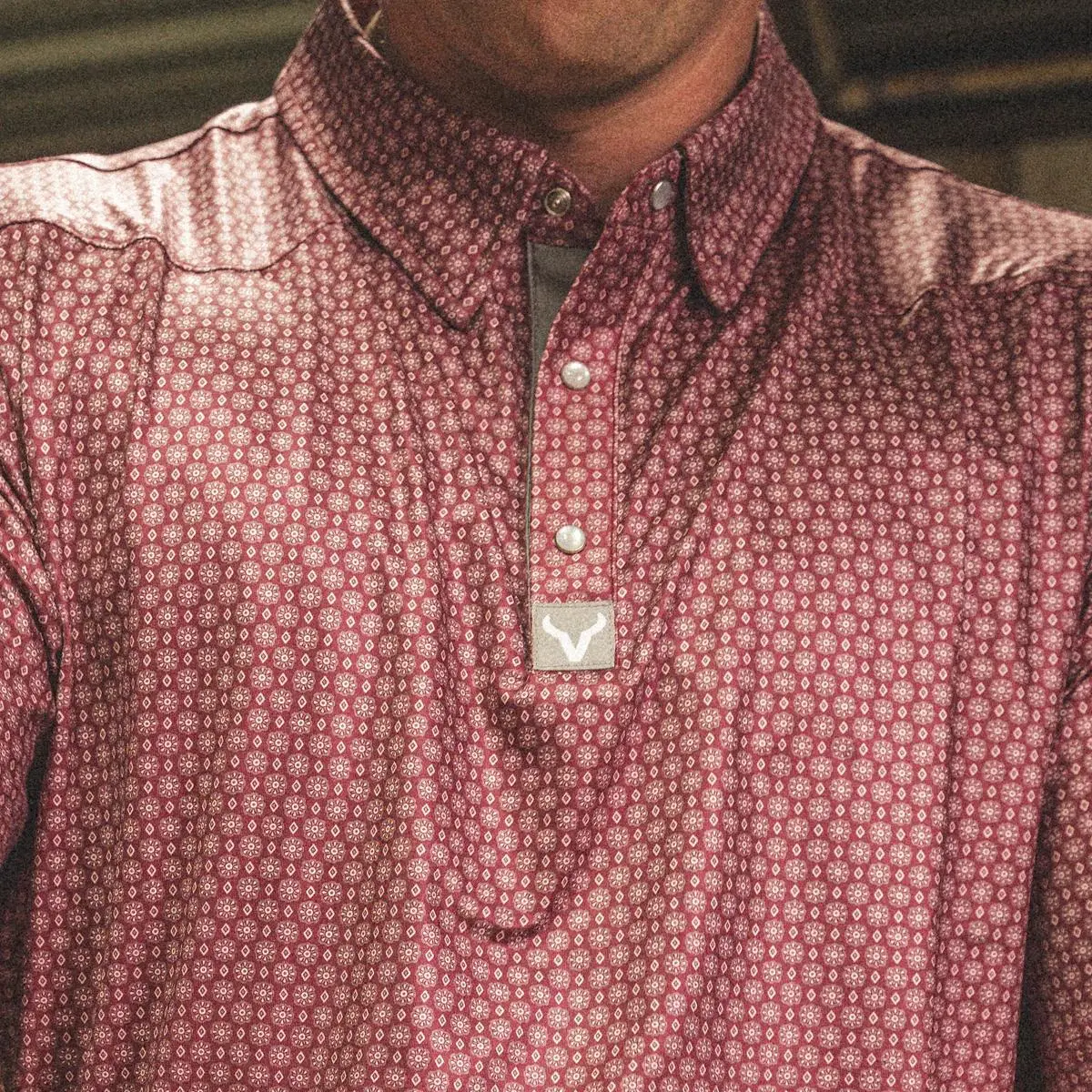 Western Pearl Snap Polo - Maroon Geo Print by verxil