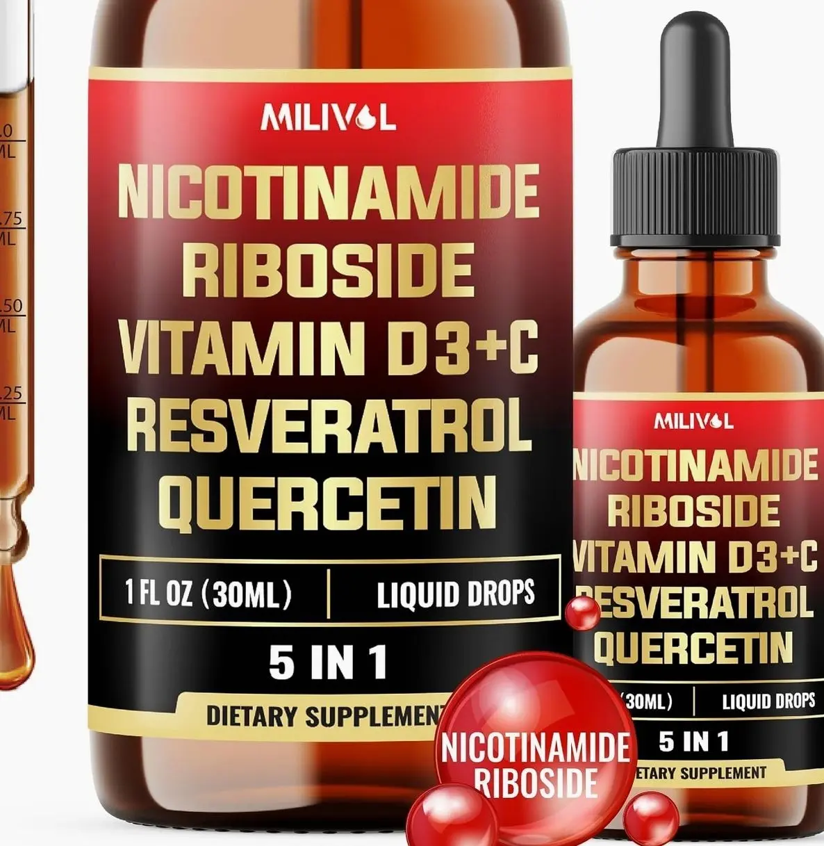 5in1 NAD+ Liquid Drops w/Nicotinamide Riboside NR 900mg, Quercetin 500mg, Trans-resveratrol 500mg, Vitamin D3-C - Cellular Energy & Repair, Vitality, Healthy Aging - 1FL Oz - 1 Month Supply