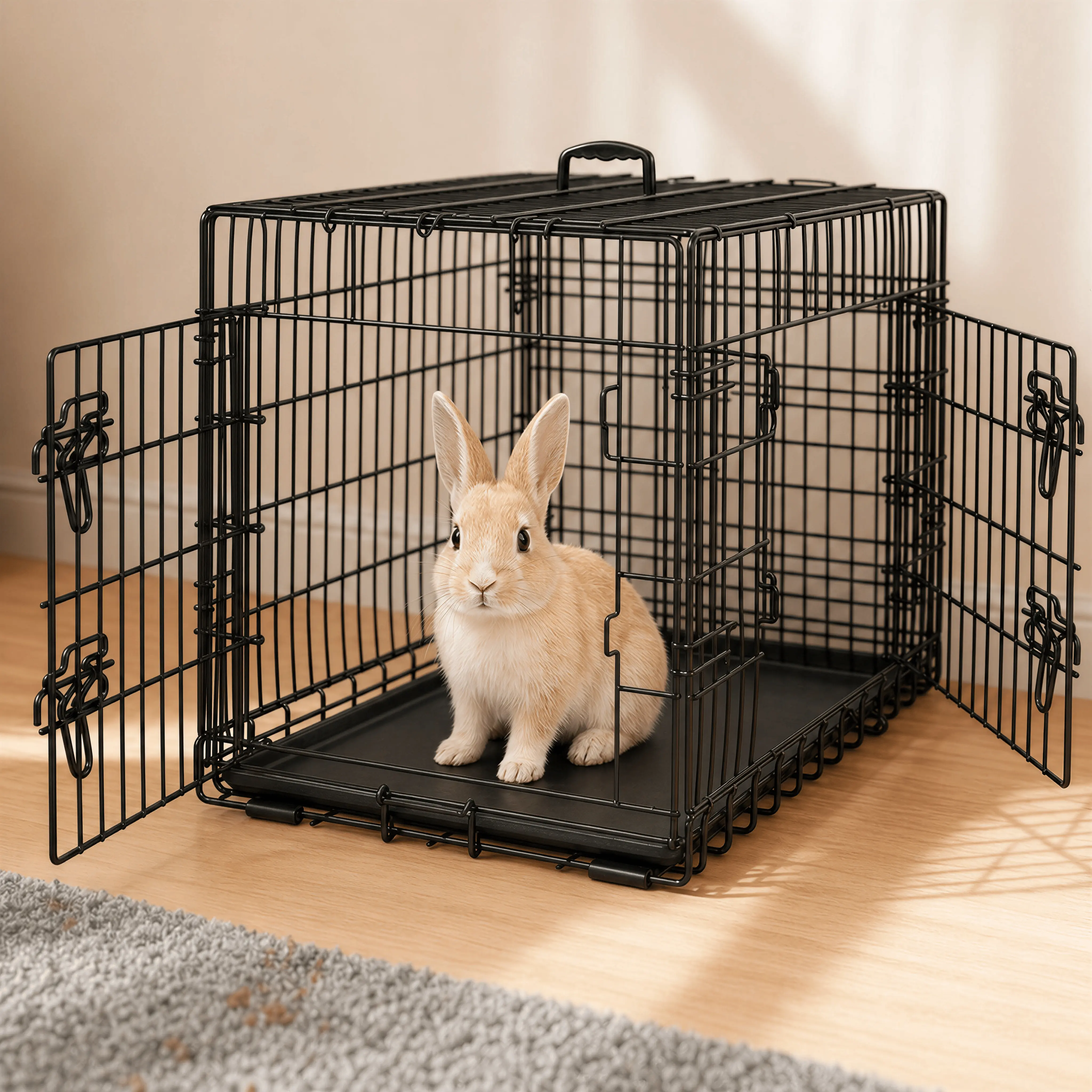 Costoffs 36" L × 22.5" W × 25" H Metal Rabbit Crate - Foldable Wire Kennel with Adjustable Divider, Double Door, Removable Tray, Water-Resistant Black for Home, Travel, Camping