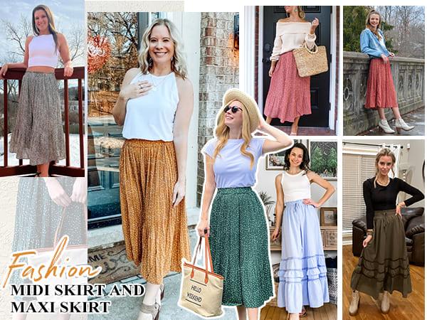 Zeagoo Women's Midi Skirts High Waisted Pleated A-Line Swing Skirts Summer Floral Long Skirts with Pockets