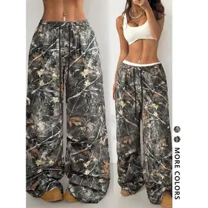 Camouflage printed drawstring waist sports pants, casual and fashionable women's wide leg pants, autumn and winter underwear