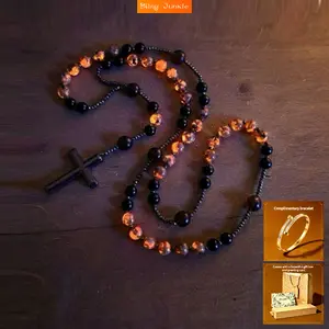 Natural Obsidian Prayer Bead Necklace  UV-Reactive Glow Hematite Cross Pendant Non-Tarnish Durable Spiritual Protection  Grounding Jewelry Gift for Men Women jewelry set Gift exquisite bracelet packaging box and greeting card