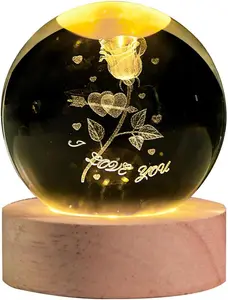 3D Rose Crystal Ball with Stand, Rose Figurine in Glass Sphere, I Love You Decor Gifts Valentines Day Gift for Women Girls Mom Kids