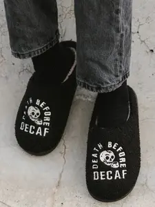 Death Before Decaf Slippers by Pyknic - Comfy, Plush Warm Fleece Slippers for Coffee Lovers, Foodies, Tattoo Art