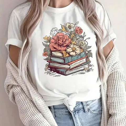 Women's Cartoon Floral & Books Print Round Neck Tee, Fashion Casual Fitted Short Sleeve T-shirt, Ladies Summer Clothes for Daily Wear