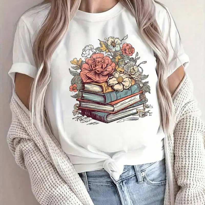 Women's Cartoon Floral & Books Print Round Neck Tee, Fashion Casual Fitted Short Sleeve T-shirt, Ladies Summer Clothes for Daily Wear