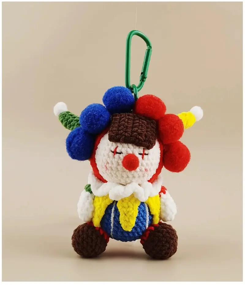Handmade Cute Huggli Crochet Clown Plush Keychain - Unisex Collectibles with Carabiner Clip, Wrist Strap, Lanyard - Colorful Mini Doll Bag Charm for Backpacks, Keys
