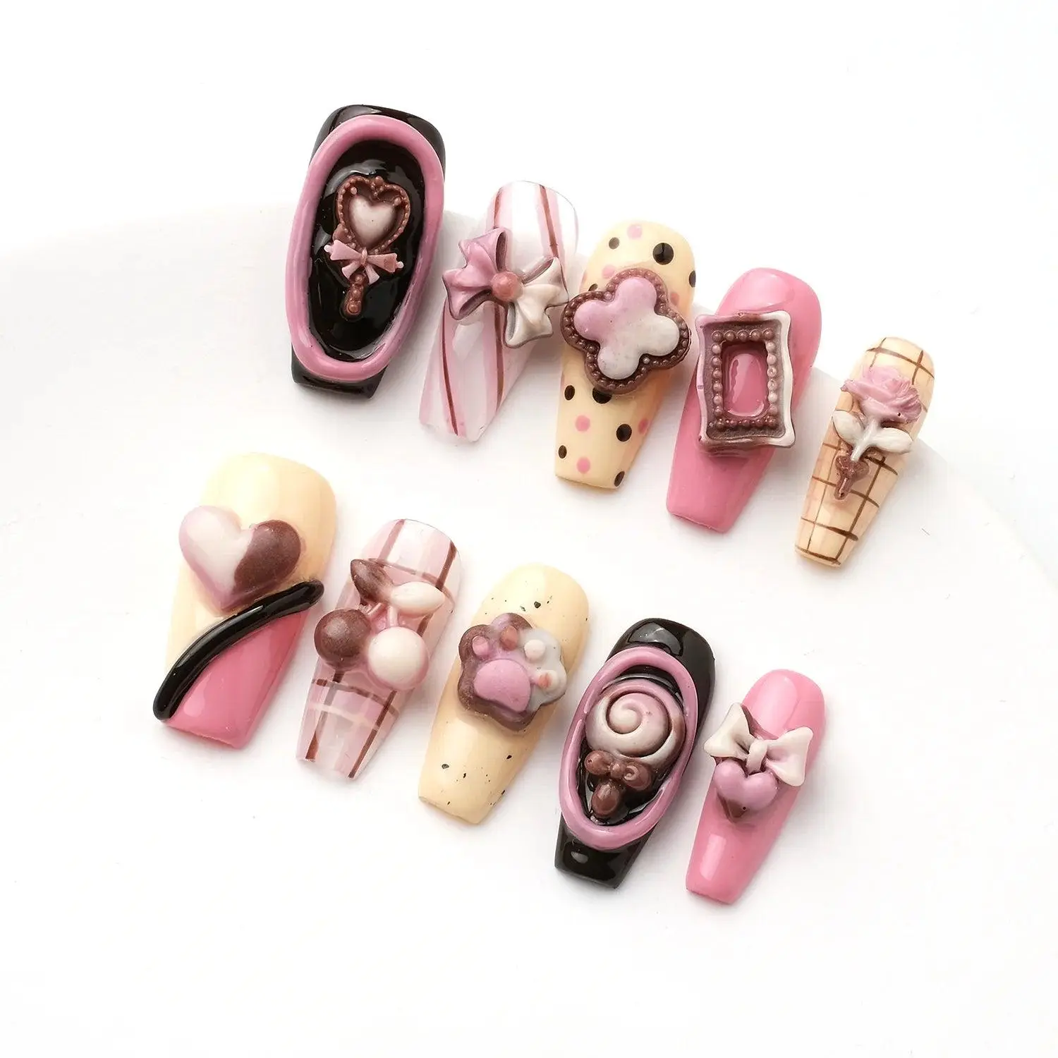 Cute Candy land Press on Woman Nail Manicure Decoration Pink Medium Coffin with Loveful Bow Nails Gel Extension Acrylic