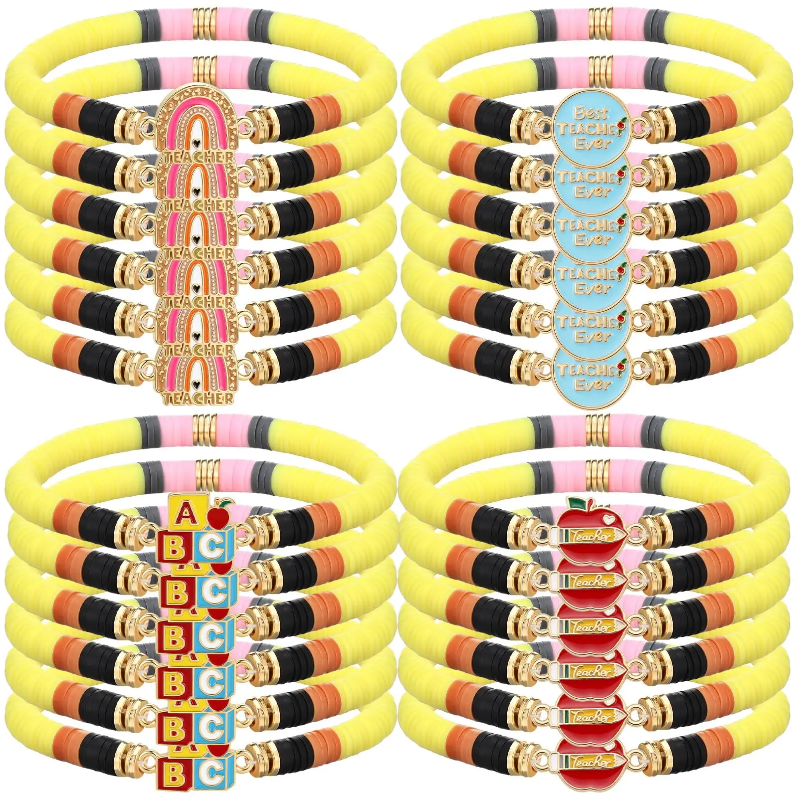 24Pack Back to School Teacher Bracelet Appreciation Gifts Bulk for Women Men Teacher Polymer Clay Beaded Pencils Bracelets Apple Bracelets Teacher Jewelry Thank Teachers Gifts