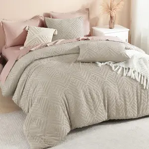 Oatmeal Queen Comforter, 3 Tufted Boho Farmhouse Comforter Sets, Lightweight Fluffy Comforter for (90x90In Comforter and 2 Pillowcases)