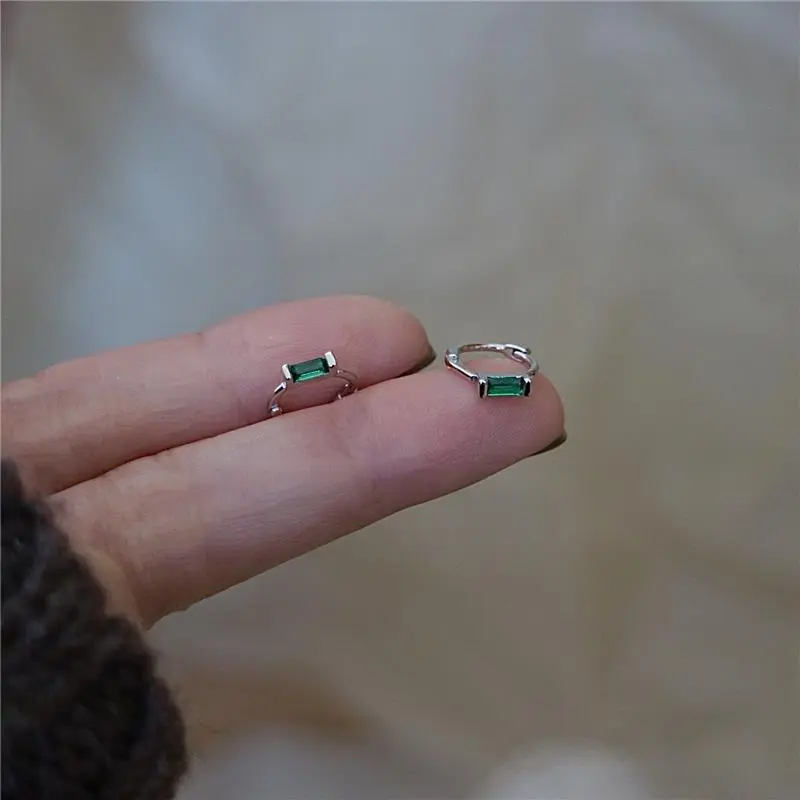 Tiny Rectangle Emerald CZ Huggie Hoop Earrings, Minimalist Small Green Gem Hoop Earrings for Women