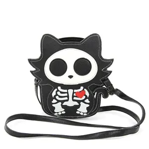 Sugar Skull Cat Shoulder Crossbody Bag In Vinyl Glow In The Dark | Cute Dark Gothic