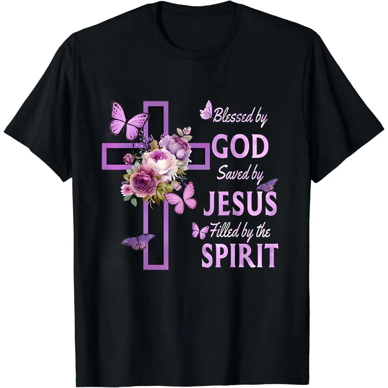 100% Cotton Casual Tshirt By God Saved By Jesus Purple Floral Cross Christian T-Shirt