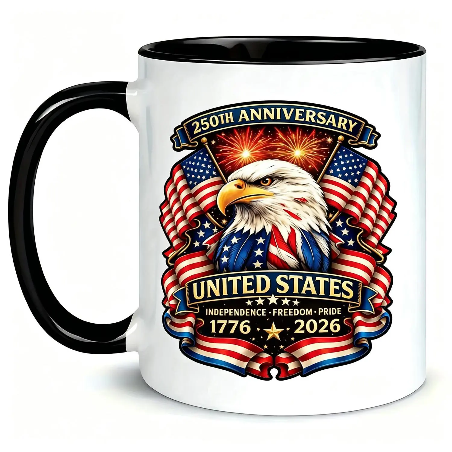 Vintage Bald Eagle US 250th Independence Anniversary Coffee Cup, Festive 4th of July Party Decor Mug, Beautiful Collectible Gift For History Lovers, Durable Microwave Safe Ceramic For Morning Coffee Ritual
