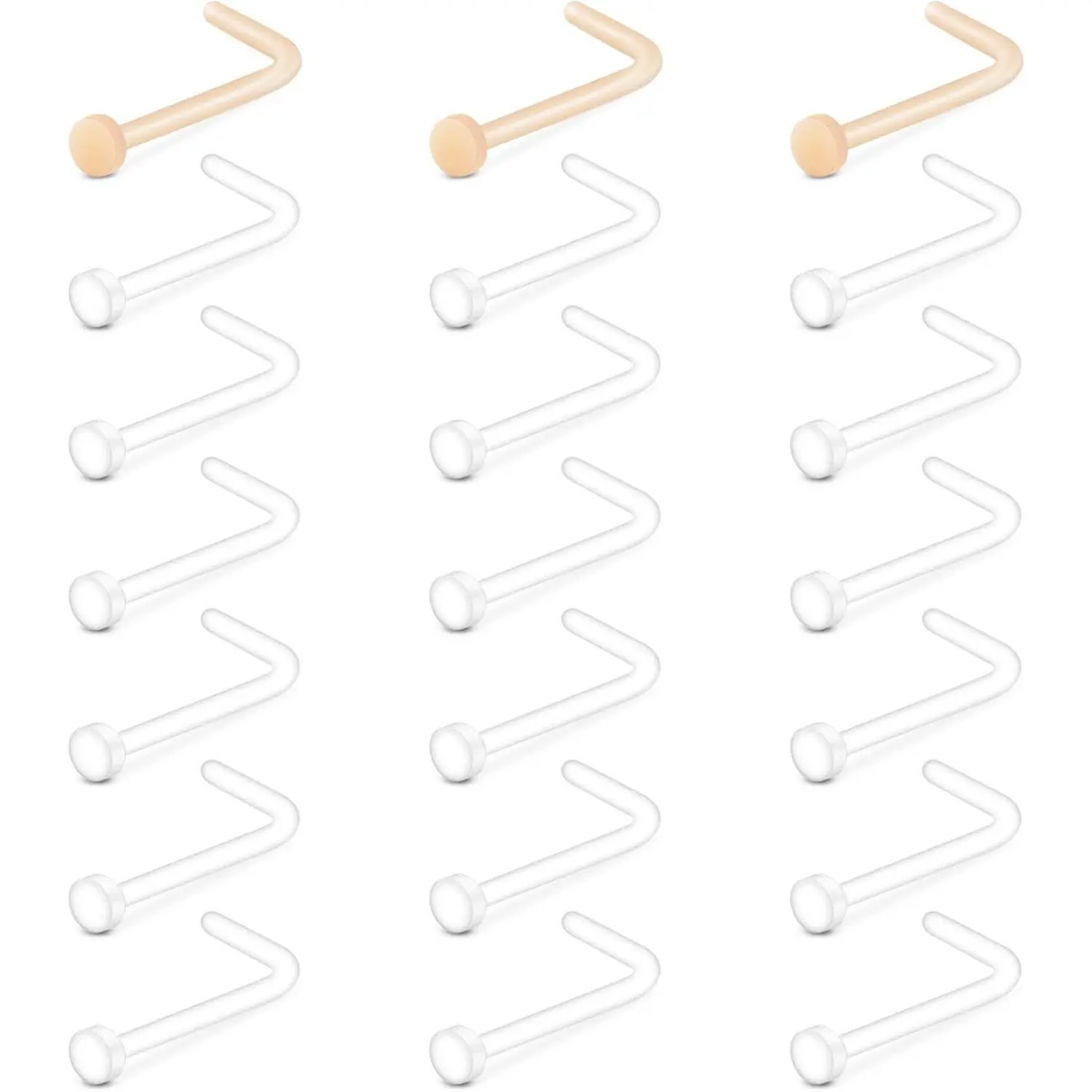 21-Piece Bioflex Nose Studs and Retainers, L-Shaped 18g & 20g Piercing Jewelry in Transparent & Skin Tone, Great for Healing & Work, 18Pcs