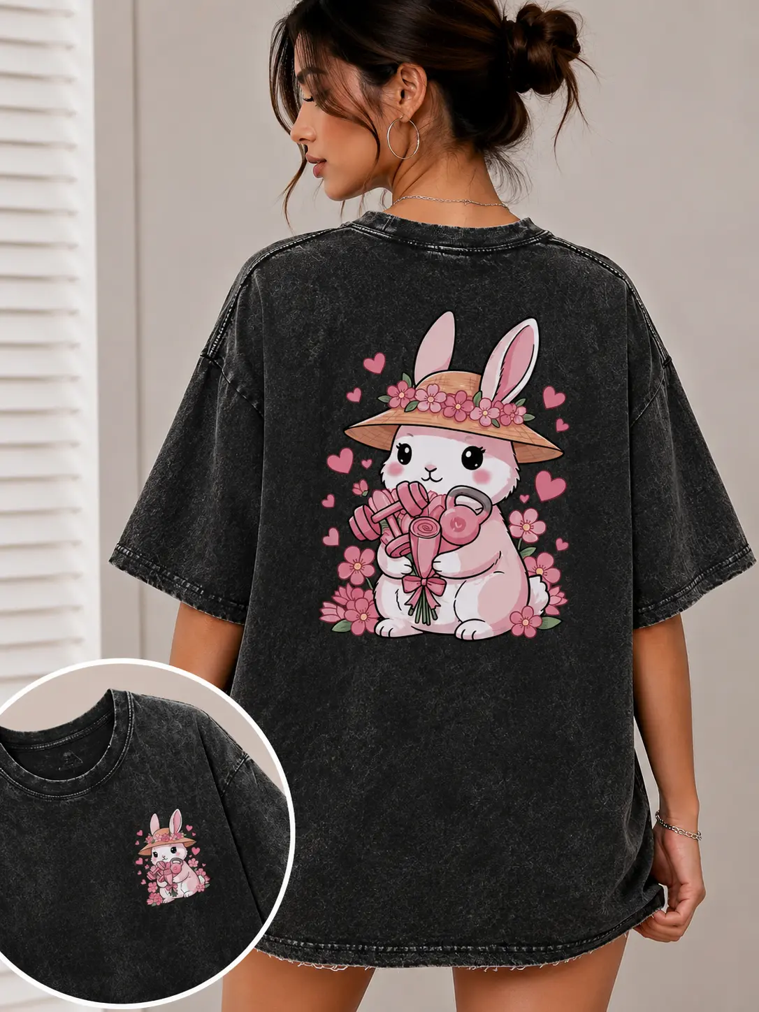 Cute Bunny Gym Washed T Shirt Vintage Kawaii Rabbit Workout Graphic Tee Oversized Streetwear Unisex Gymer Fitness Sports Heavyweight Cotton Retro Acid Wash Cute Animal Shirt for Men Women