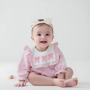 Baby Girl Fall Bubble Romper Stripe Print Long Sleeve Doll Collar Bow Embroidery Jumpsuit
