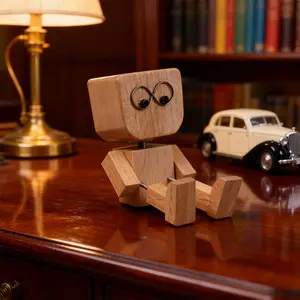 Funny Shaking Wooden Man for Car Dashboard, Handmade Shak Feet Woodens Doll Figurine with 12PCS Magnetic Expressions, Wood Desktop Decor & Car Ornament Gift