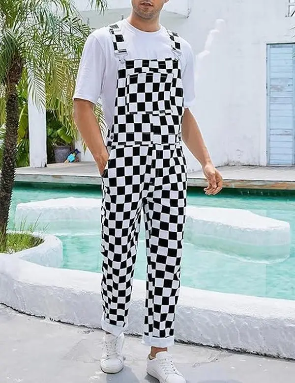 Stretch Men's Overalls, Black and White Checkered Denim Coveralls, Workwear with Pockets, Race Day Jumpsuit with Zipper, Menswear Bibs