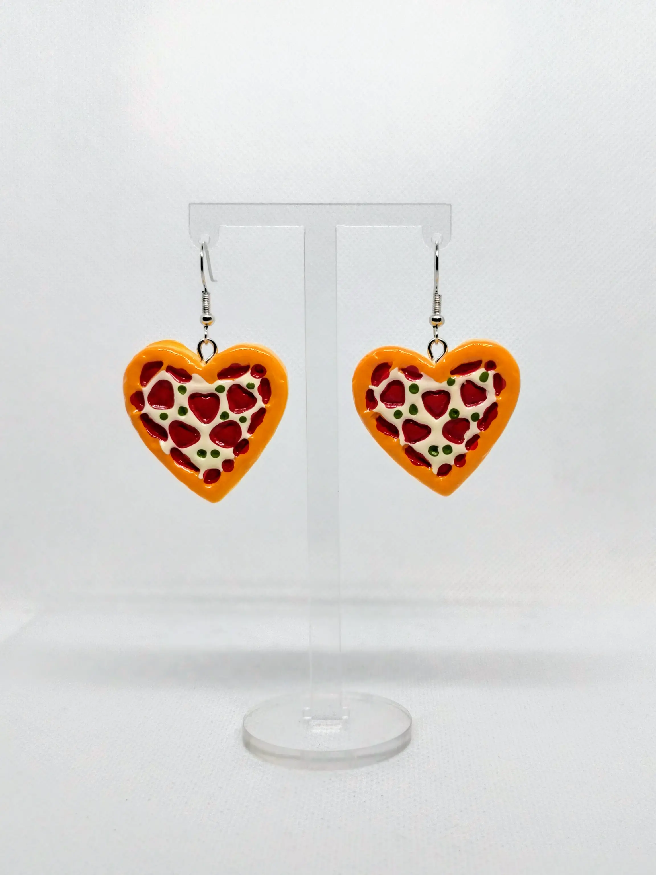 #507 Heart Shaped Thick Pizza with Heart Pepperoni & Green Peppers Earrings, Casual, Fun, Food, Resin
