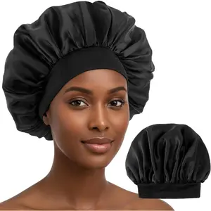 Household daily necessities Silk Bonnet Double Layer Satin Sleeping Hair Bonnet Satin Lined Bonnet Adjustable Elastic Band Silk Sleep Cap Soft Hair Wrap for Men Women Sleeping Curly Hair Braids Unisex Black