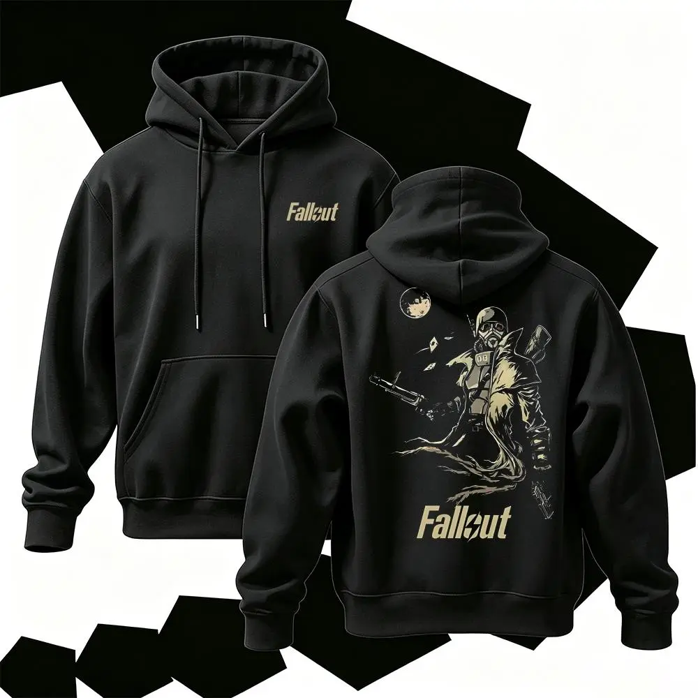 Vintage Fallout New Vegas Ranger Graphic Hoodie Double Sided Print Wasteland Survivor Video Game Pullover Casual Gaming Streetwear Sweatshirt Tops Menswear