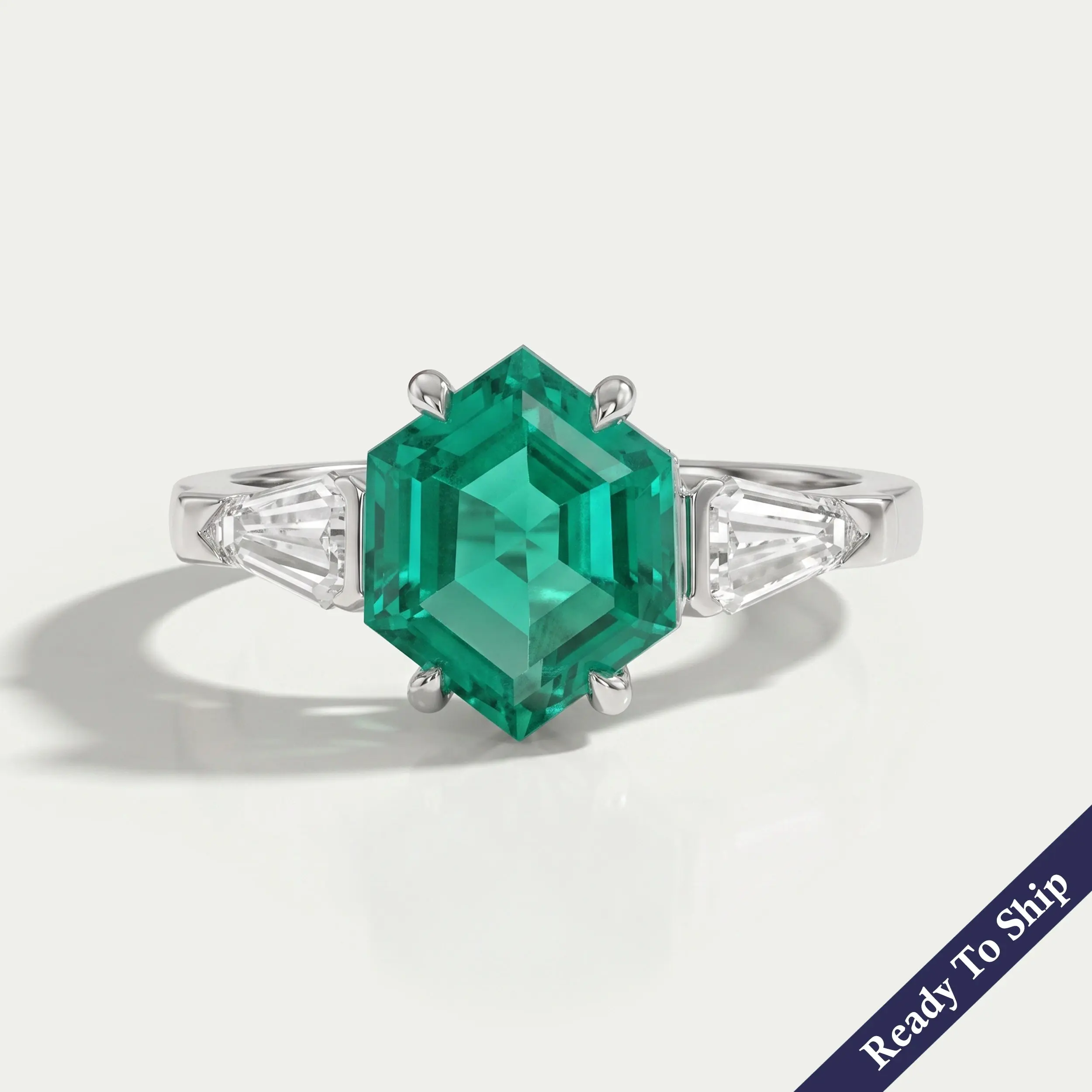 Hexagon Cut Emerald Gemstone Ring