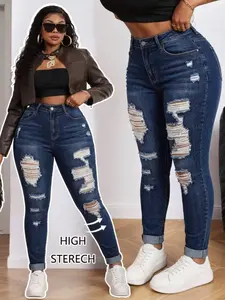 Women's Plus Size Denim Long Pants, High Stretch Skinny Jeans Button, Ripped Design, Y2K Style, Casual Fashion Elegant, Suitable for Spring Summer All Seasons