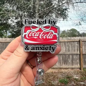 Fueled by cola and anxiety. Glitter retractable badge reel. Funny adult humor.Teacher ID-student ID-RN-server badge-soda fan-medical