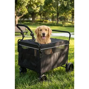 2-in-1 Push-Pull Dog Wagon Stroller with Ramp, Foldable All-Terrain Pet Cart with One-Step Brake for Medium Large Dogs Outdoor Walks, Hiking, Camping Training