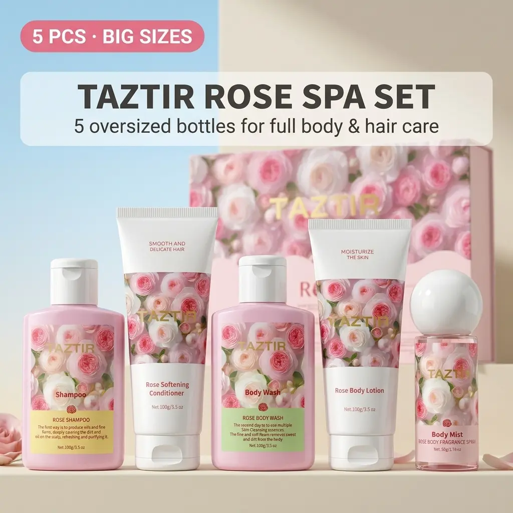 TAZTIR Rose Care Gift Box [5pcs Set] - Shower Gel, Body Lotion, Body Mist, Shampoo And Conditioner. Rose Essence Nourishes The Whole Body, Luxurious Foam, Fresh Deodorizing, Nourishing And Moisturizing