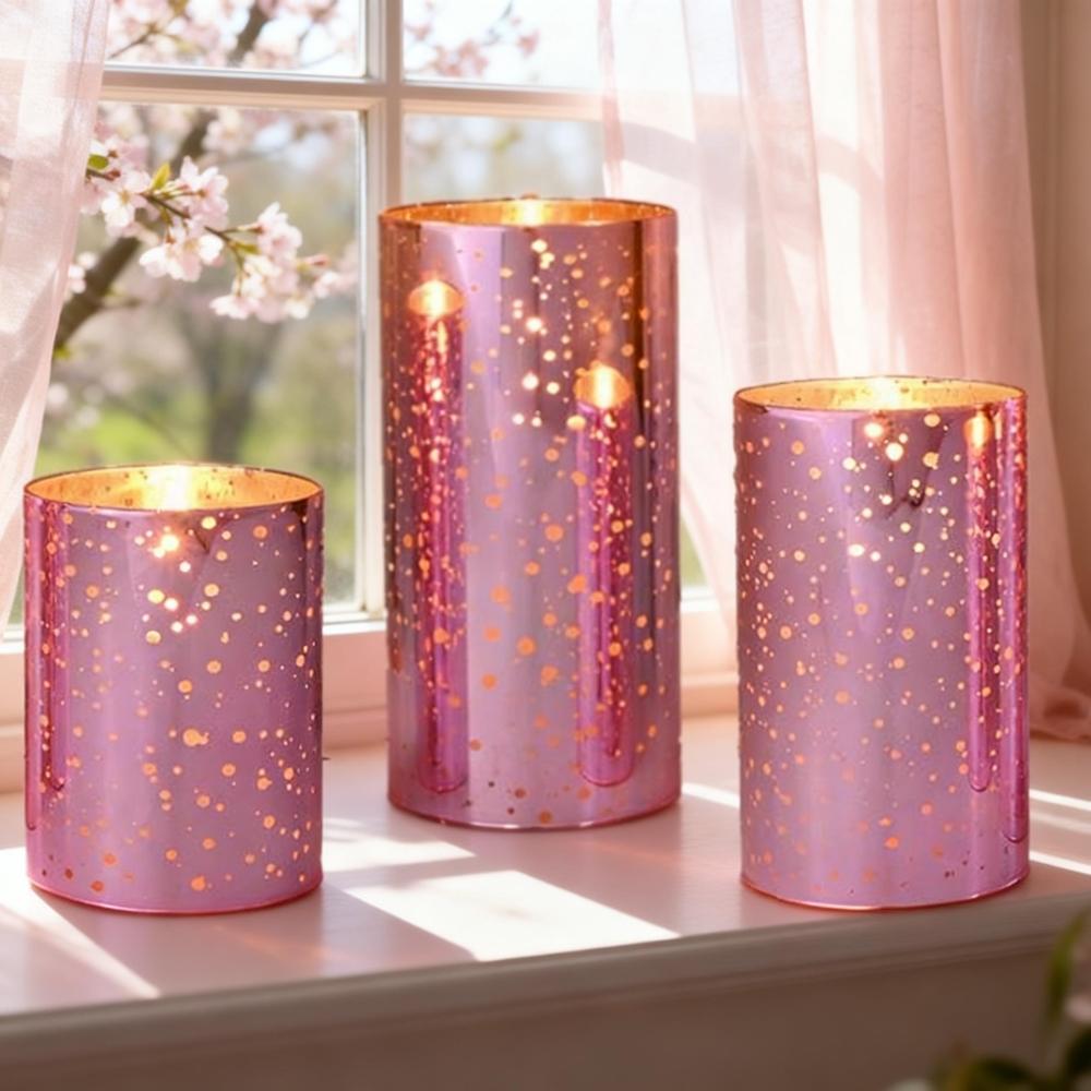 Pink Flameless LED Candles with Remote – Mercury Glass, Real Wax, Warm White Flicker, 500+ Hrs, Easter & Spring Decor for Women, Valentine's Day. Batteries Included
