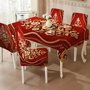 Red and Gold Floral Tablecloth and Chair Cover Set, Stretchable Festive Dining Decor for Wedding, Banquet and Home(5-piece set: 4 chair covers and one 220CM tablecloth) (7-piece set: 6 chair covers and one 220CM tablecloth)