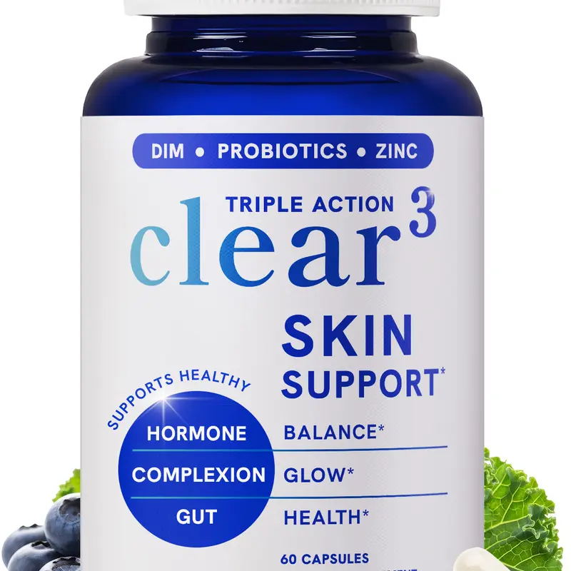 Clear Skin Acne Supplement with Zinc, DIM & Probiotics | 3-in-1 Balance, Clarify, Restore Support with Hyaluronic Acid & Skin Support Vitamins | For Women & Men | Oral Hormonal Acne Pills