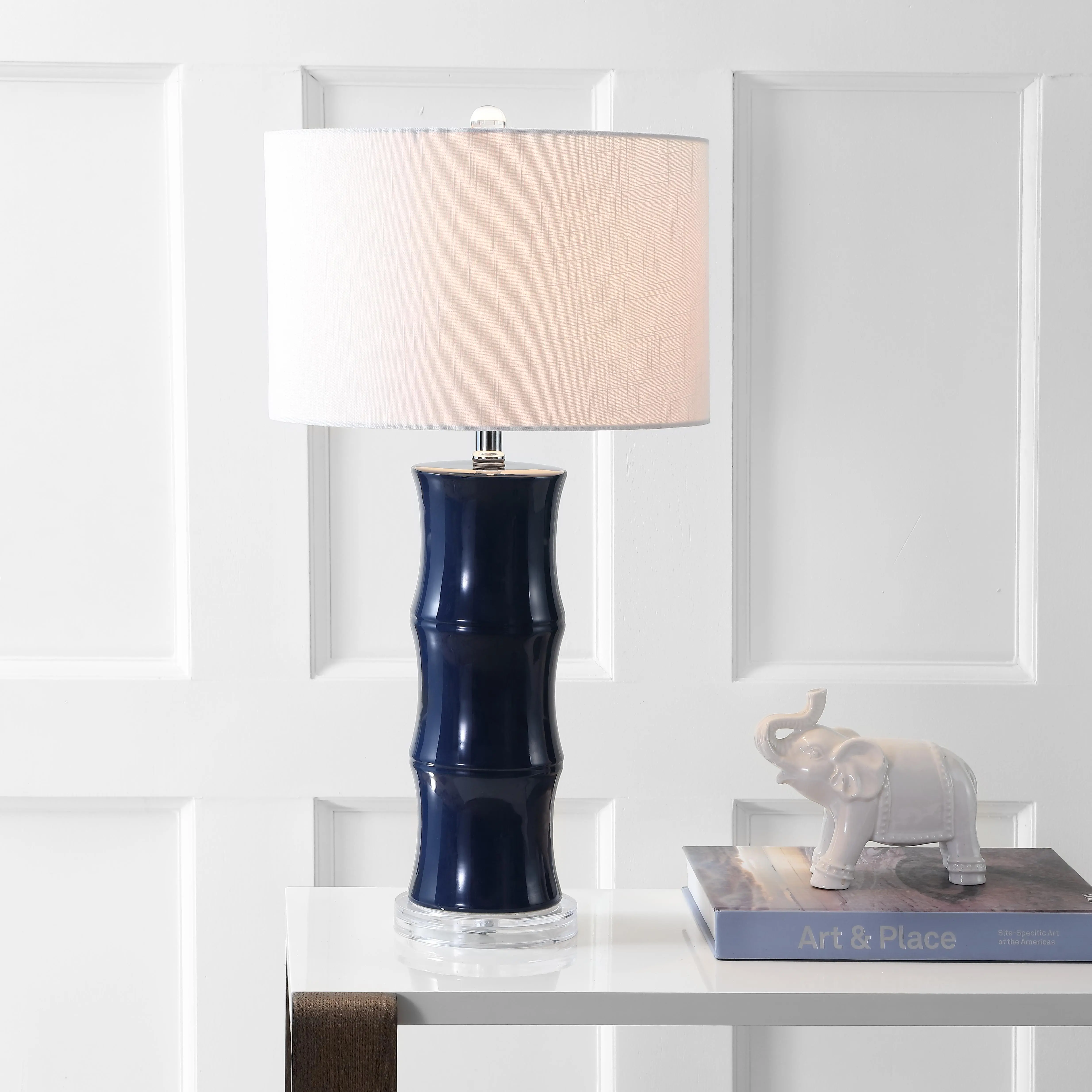 JONATHAN Y Tiki Table Lamp 26.5" Bamboo Ceramic Bedside Nightstand | Linen Drum Shade, Clear Acrylic Base, Chrome Accents, 60" Silk Wrapped Cord, LED Bulb Included