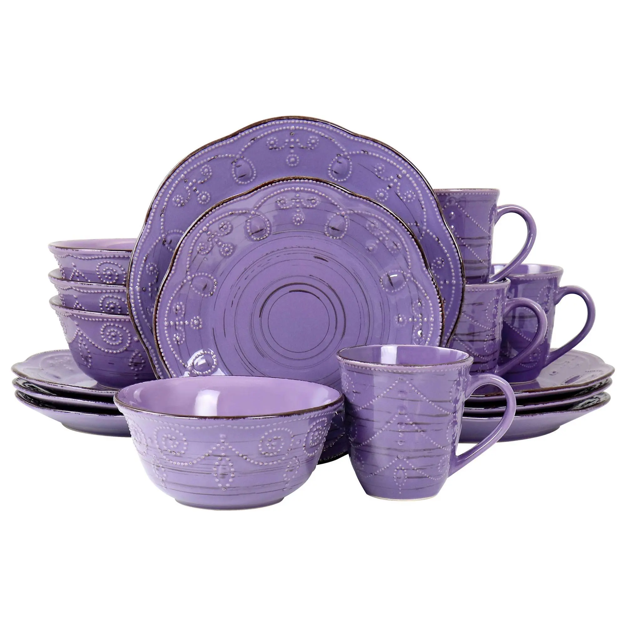 Elama Rustic Birch 16-Piece Stoneware Dinnerware Set in Purpl Elama Rustic Birch 16-Piece Stoneware Dinnerware Set in Purpl