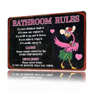BECO 1pc Fun Flamingo Bathroom Rules Metal Sign, Retro Farmhouse Style Wall Decor With Vintage Tin Finish, Pink Black Humorous T