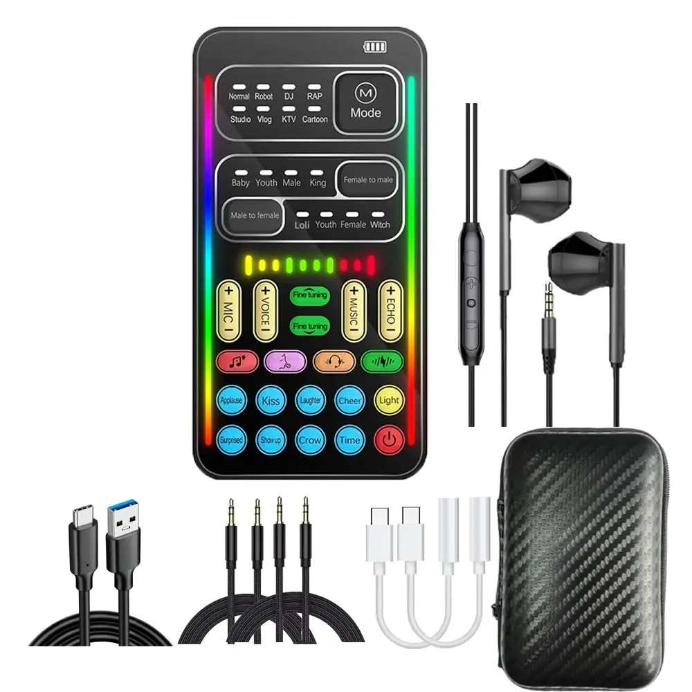 i9 Real-Time Voice Changer with Sound Card-8 Voice Effects, Full Accessories Included (Mini Mic, Monitor Earphone, Adapters), Plug & Play, Compatible with PC, PS5, Xbox, Switch, Android & iOS #SummerVibes