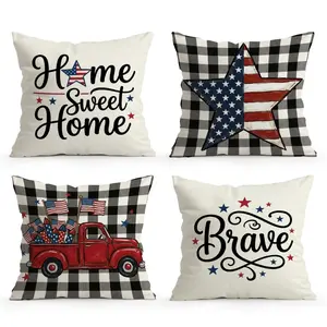 4pcs American Flag Buffalo Plaid Pillow Covers, Single-Sided Print, No Insert, Living Room Bedroom Home Decor, All Seasons Use
